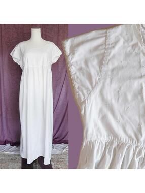 Vintage Lands End White Maxi Dress Cotton Empire Waist Cottage Minimal